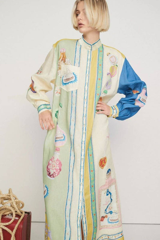 CWDMD5746_COLORBLOCK COTTON AND LINEN PRINT LACE-UP DRESS