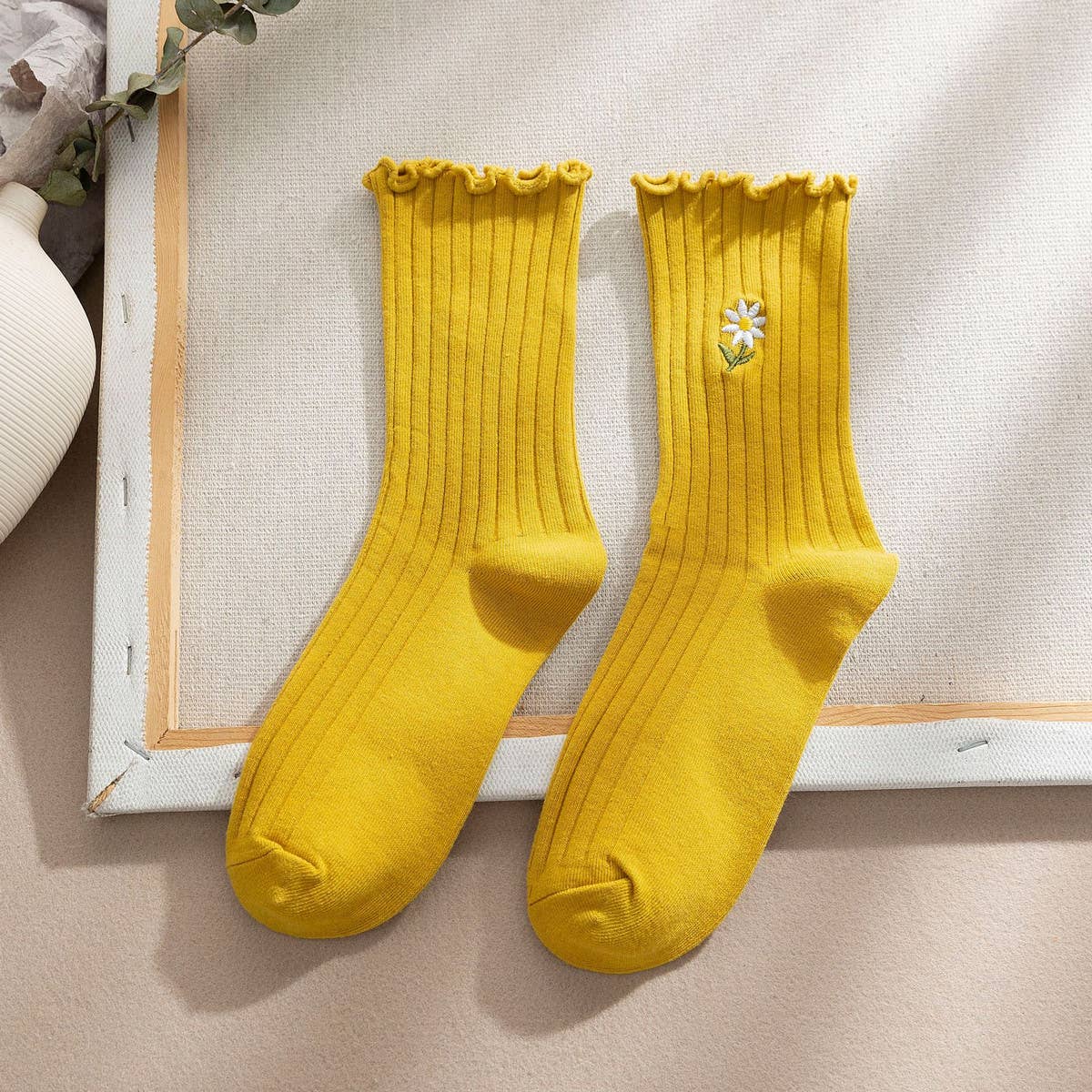 Flower Embroidery Crew Ruffle Socks Women