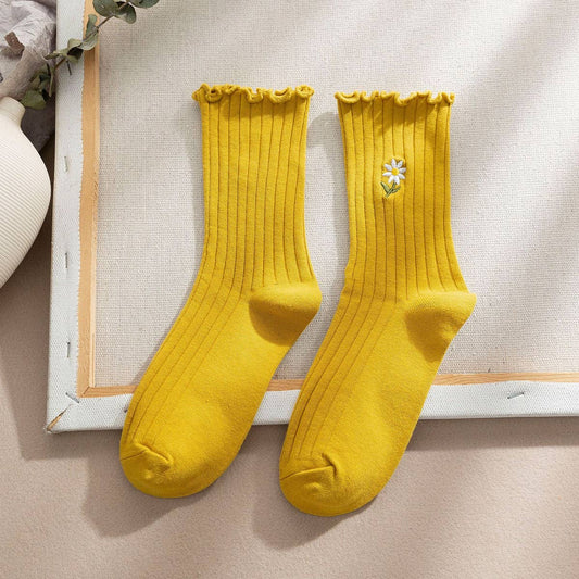 Flower Embroidery Crew Ruffle Socks Women