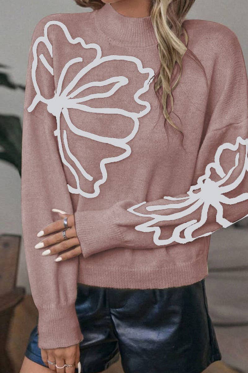 CWOSWL07303_EMBROIDERED 3D FLORAL HIGH NECK KNIT SWEATER