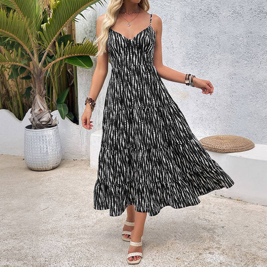 Irregular stripes hollowed-out back long dress