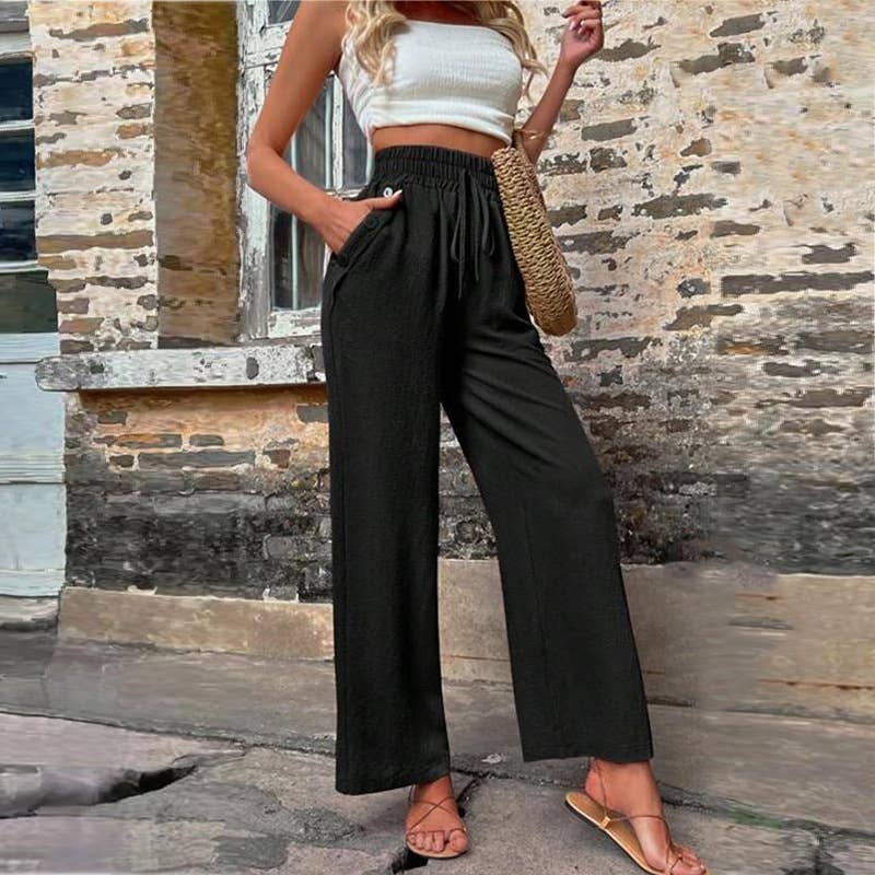 High Waist Elastic Straight Pants with Pockets