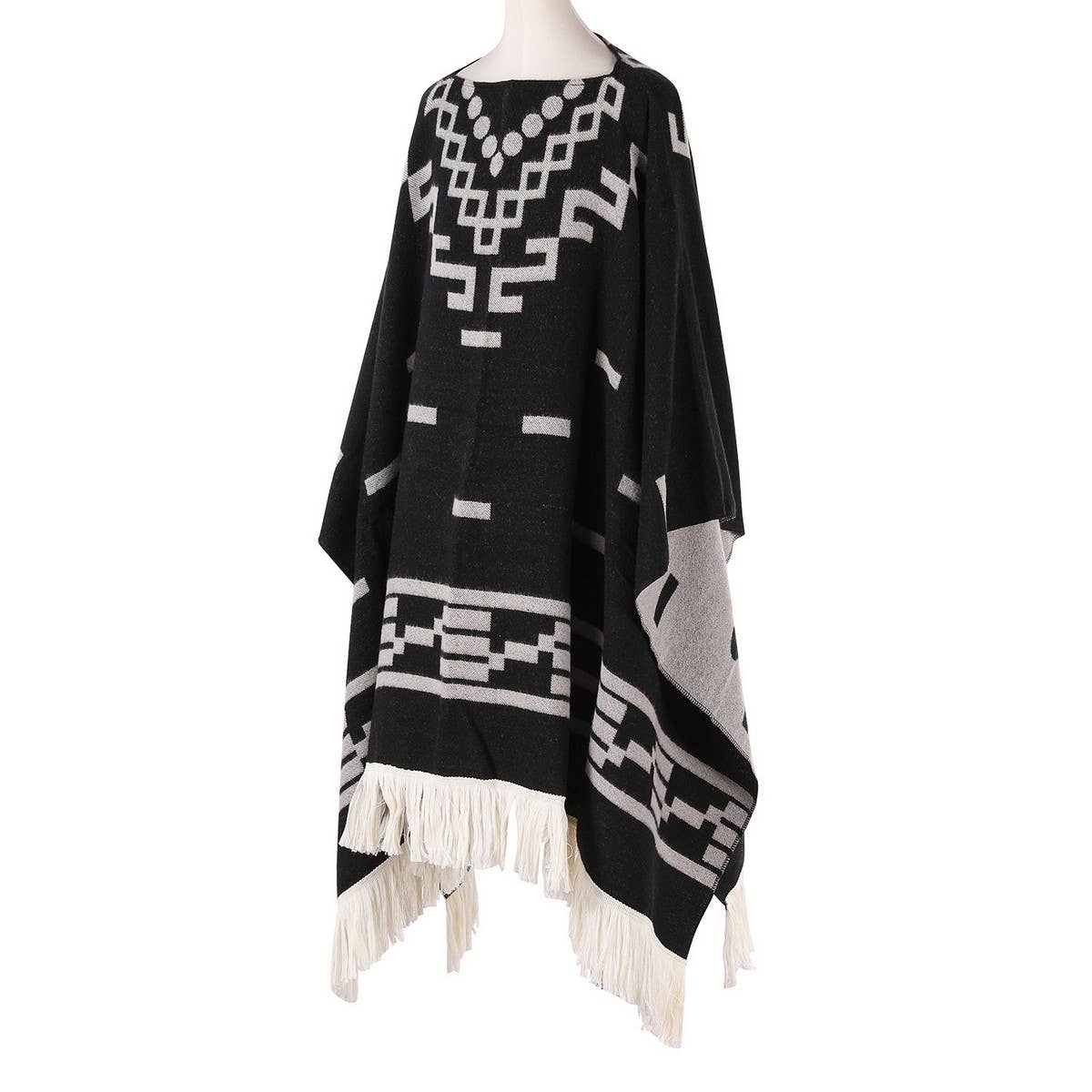 FRINGED PULLOVER CAPE CLOAK WARM KNITTED SHAWL