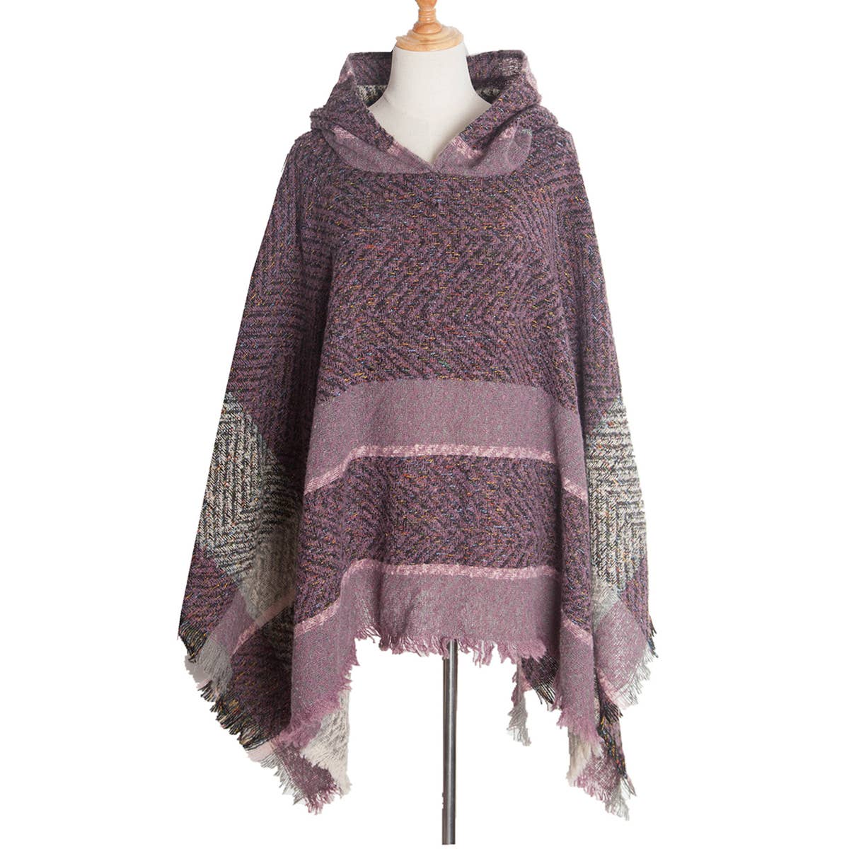 WOMEN HERRINGBONE PATTERN HOODED SHAWL