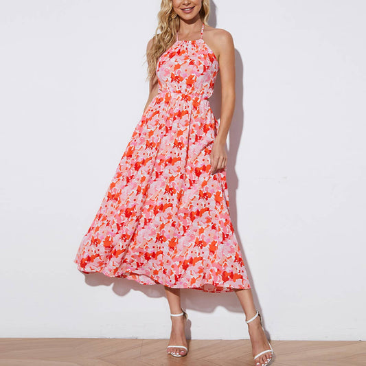 Sexy sleeveless strappy print halter dress
