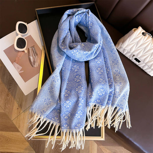 Jacquard Knit Fringe Scarf Shawl for Winter