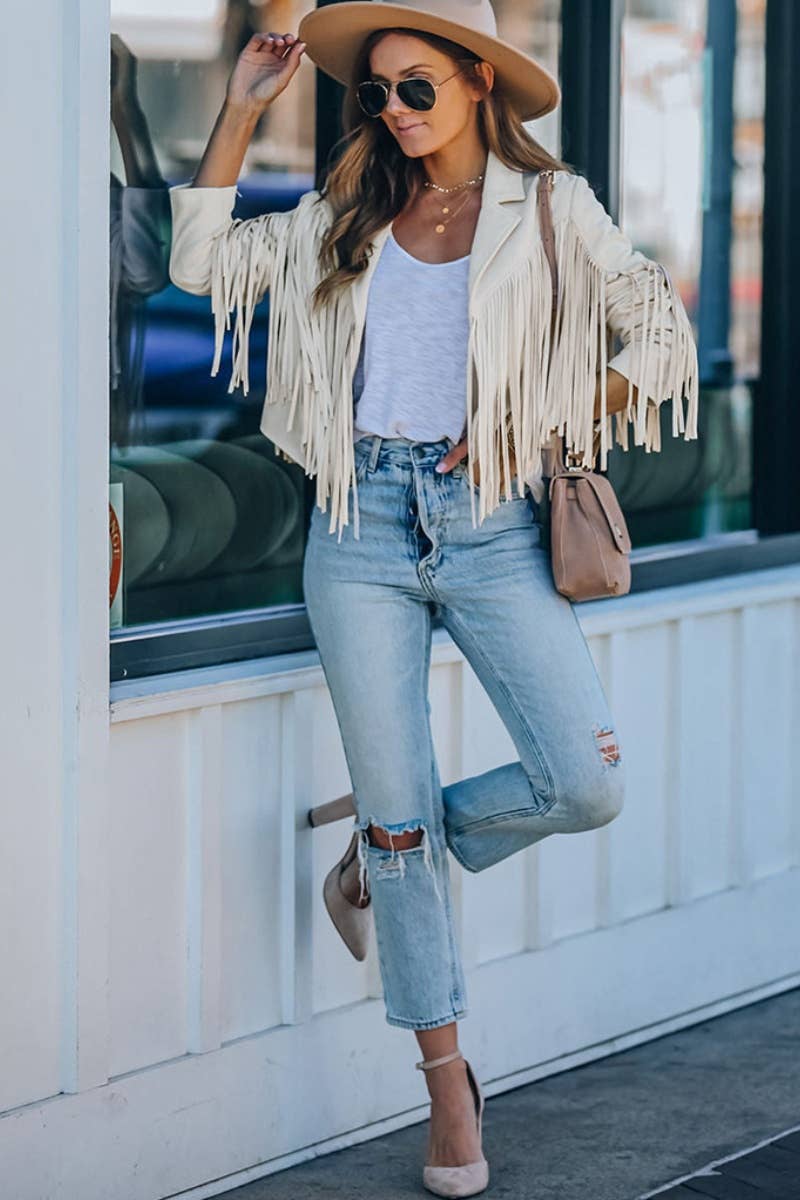 CWOCO1046_SOLID COLOR FRINGED BAT-SLEEVE JACKET SHORT