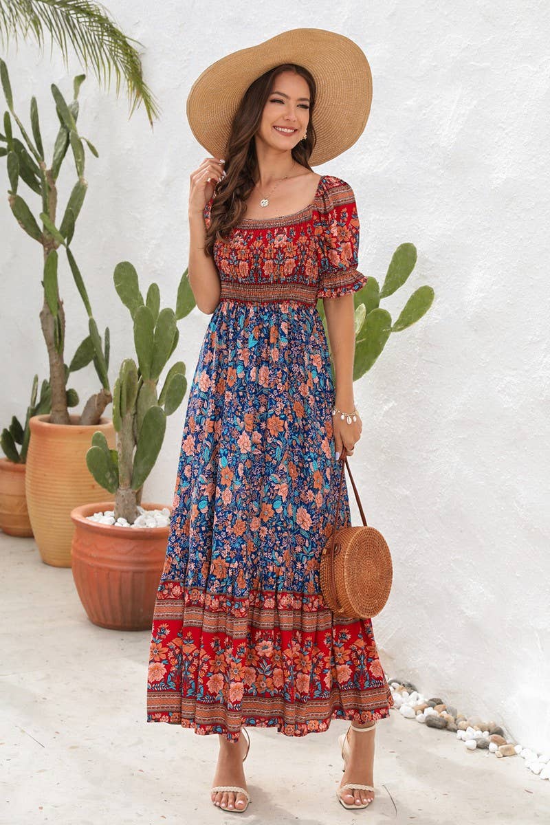 CWDMD2149_PRINTED ONE SHOULDER PUFF SLEEVE MIDI DRESS