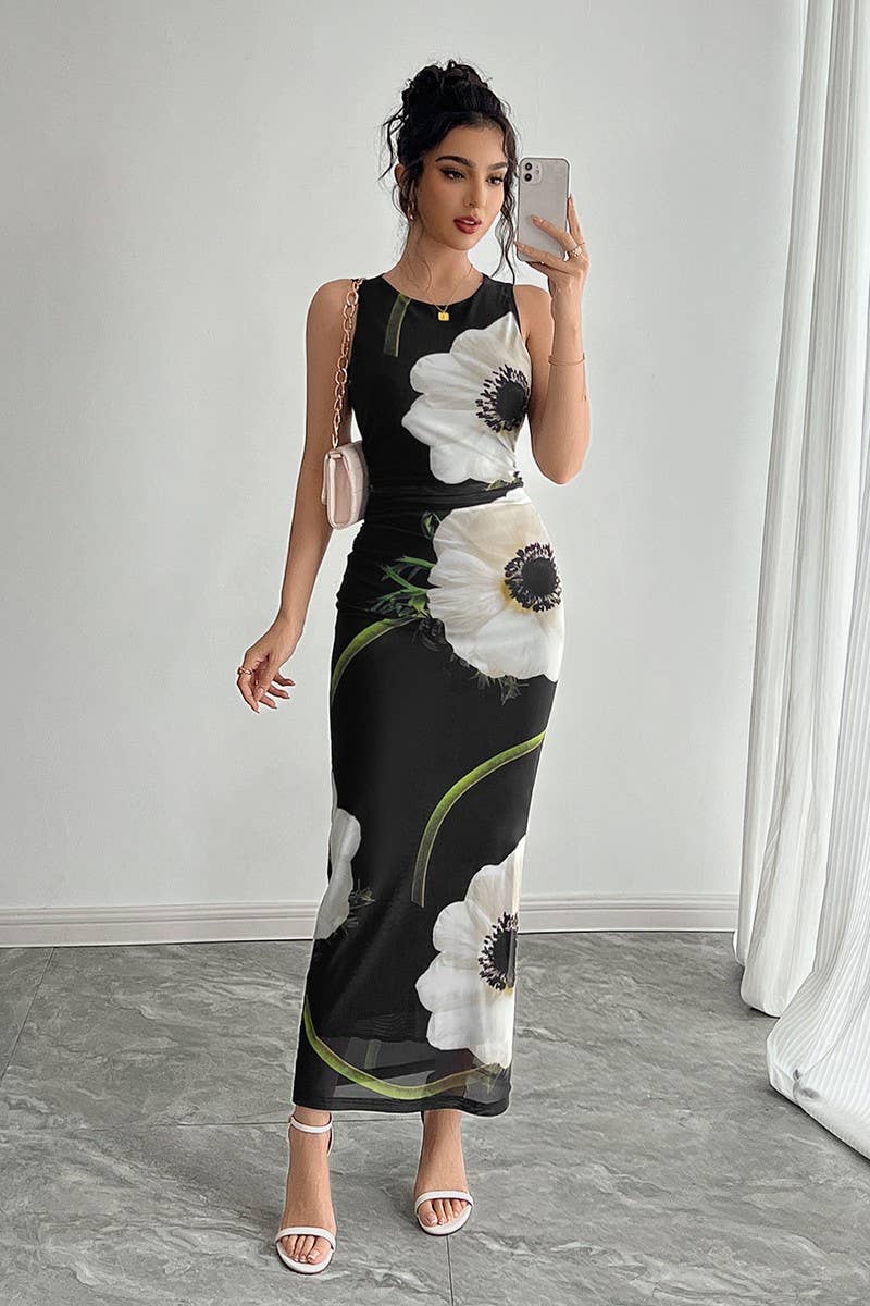 CWDMD5751_BLACK MESH FLORAL PRINT SLEEVELESS MAXI DRESS