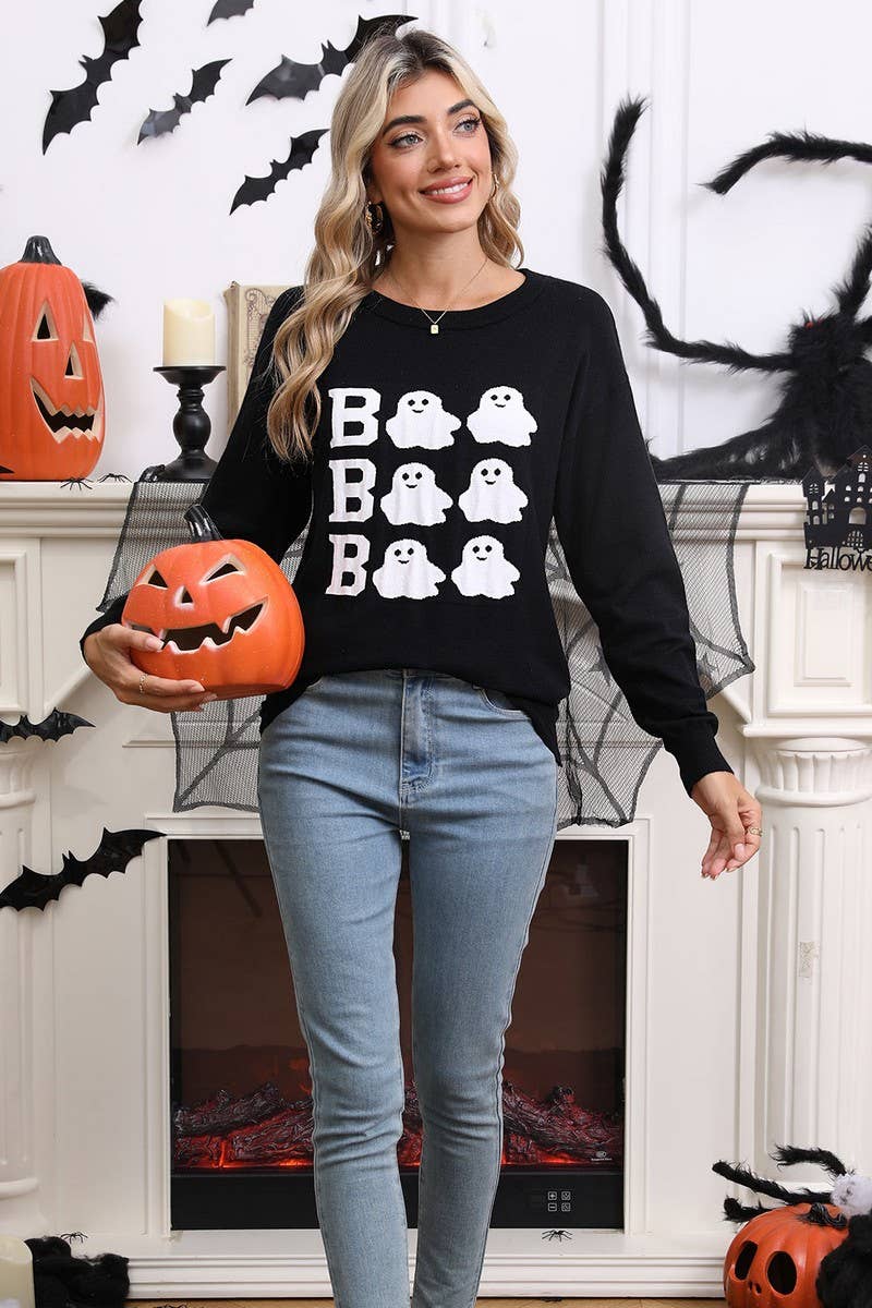CWOSWL07356_HALLOWEEN EMBROIDERED CASUAL CREWNECK TOP