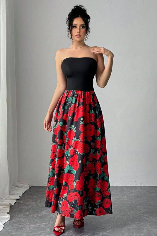 CWDMD5750_ROSE PRINT PATCHWORK STRAPLESS MAXI DRESS