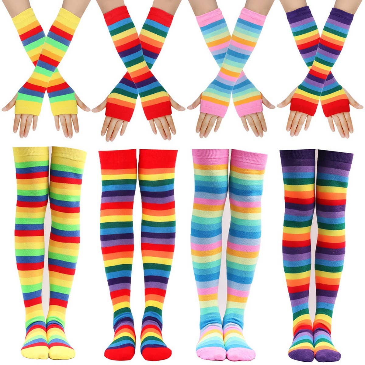 COLORFUL STRIPED KNEE SOCKS AND GLOVES SET