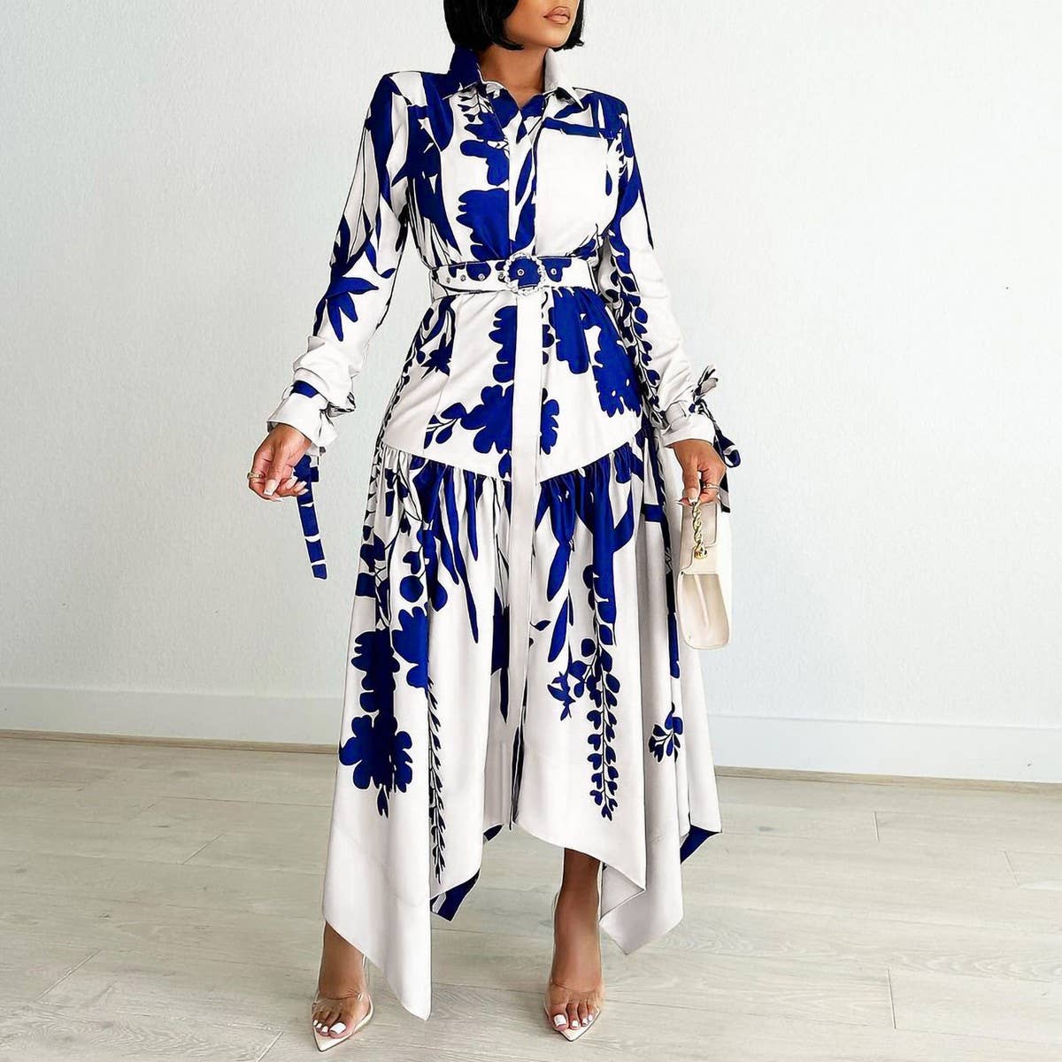 TEMPERAMENT PRINTED IRREGULAR LAPEL DRESS