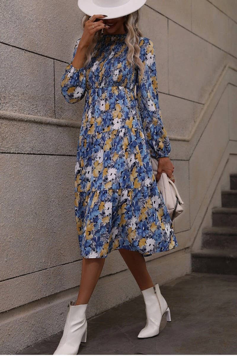 CWDMD4099_PRINTED PLEATED LONG SLEEVE CAKE DRESS