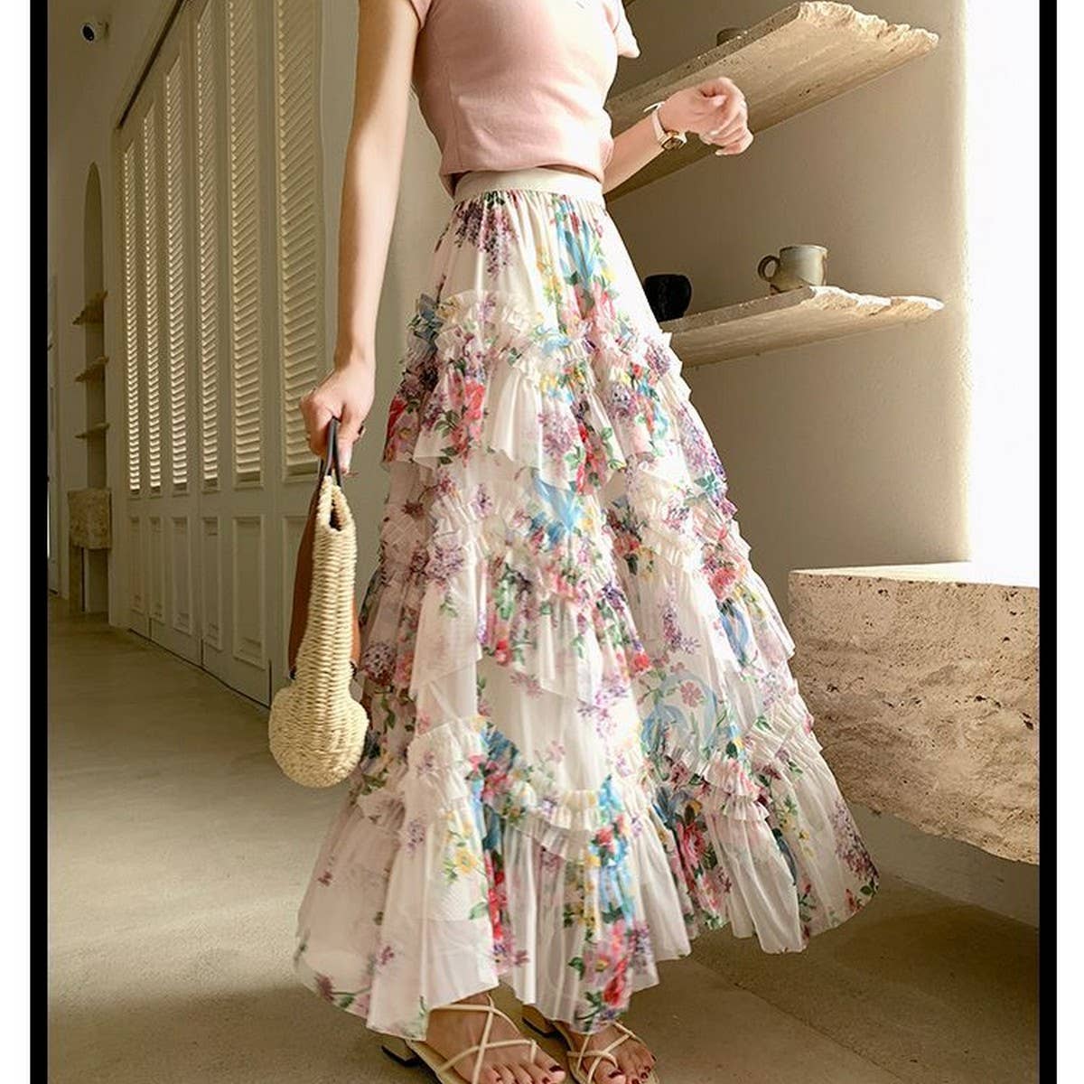 COLORFUL FLORAL MESH PRINT PLEATED TULLE SKIRT