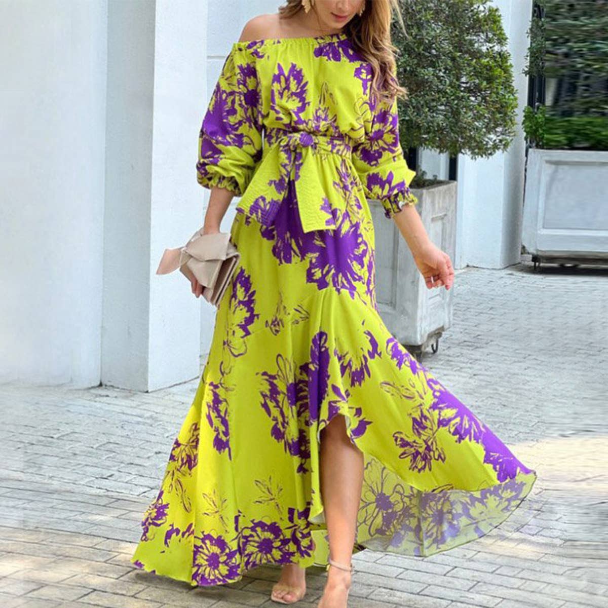 PRINTED LONG SLEEVE LINE NECK DRESS WITH SWING