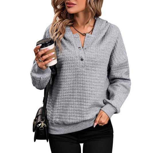 WAFFLE LONG-SLEEVED LOOSE CASUAL PULLOVER HOODIE
