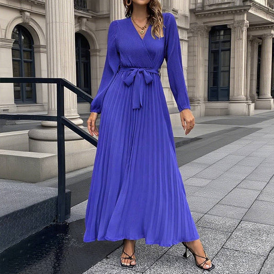 V-neck,long-sleeved,waist-cinching long dress