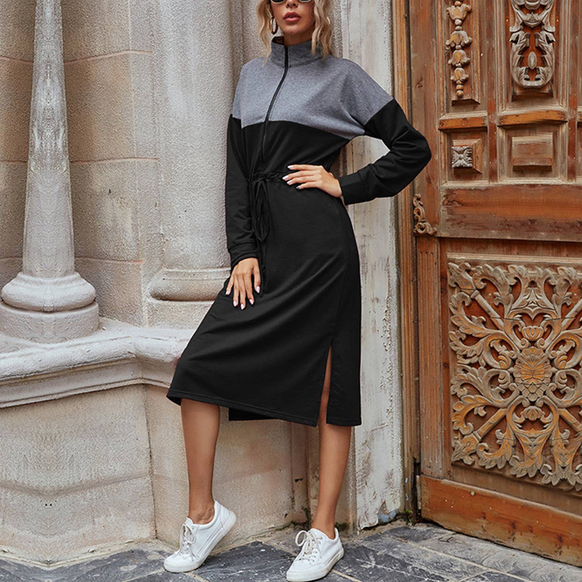 Long stand-up collar zip-up hoodie dress