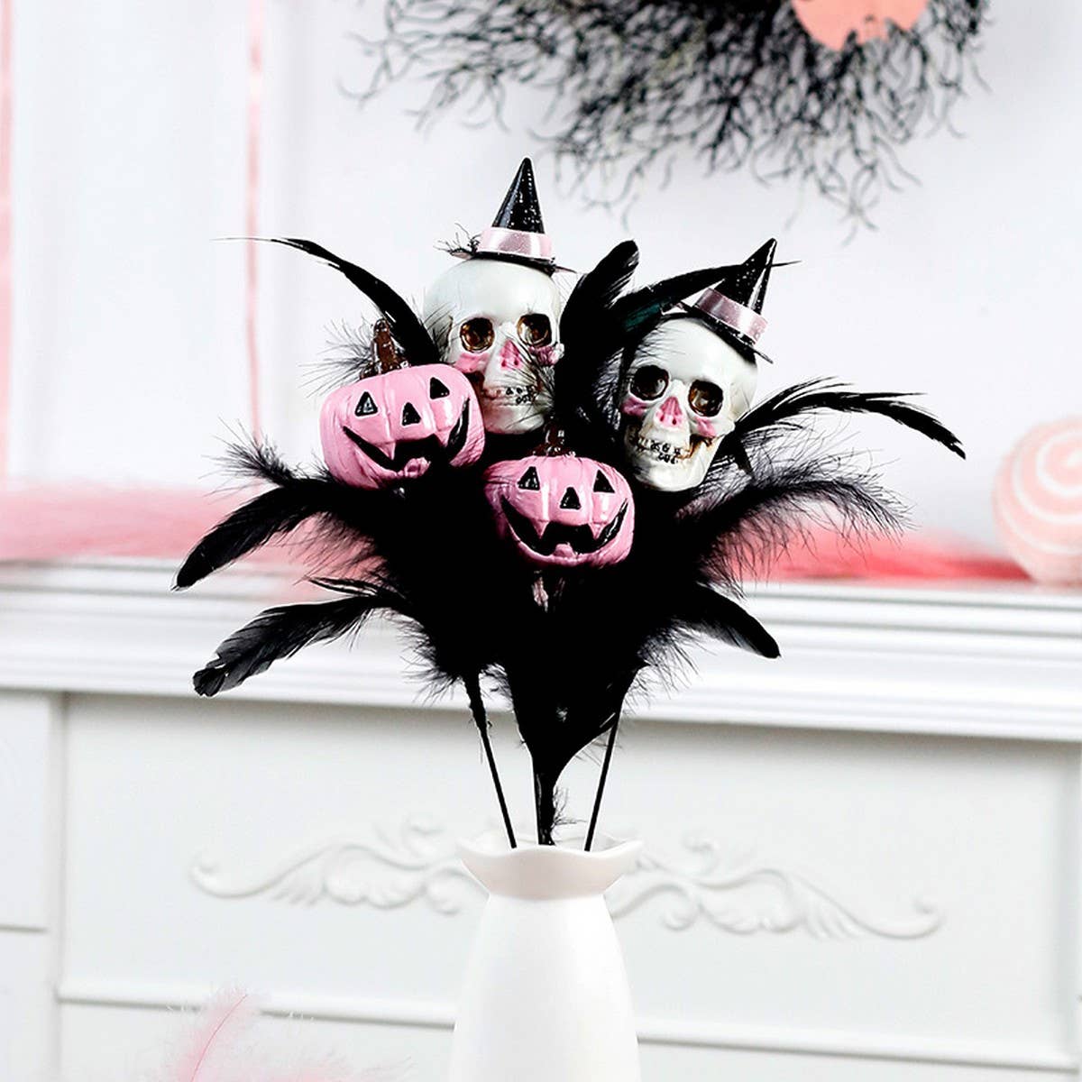 Feather Skull Pumpkin Halloween Bouquet Pick_CWMM9875