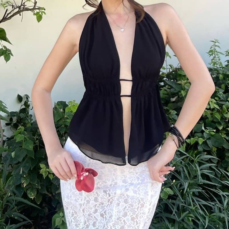 Solid-color backless, lace-up halter top