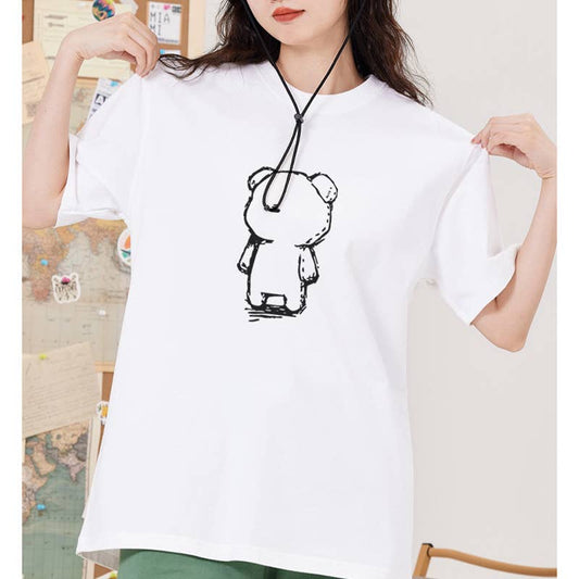 Cwtts0953_Black And White Bear Print Loose Casual T Shirt
