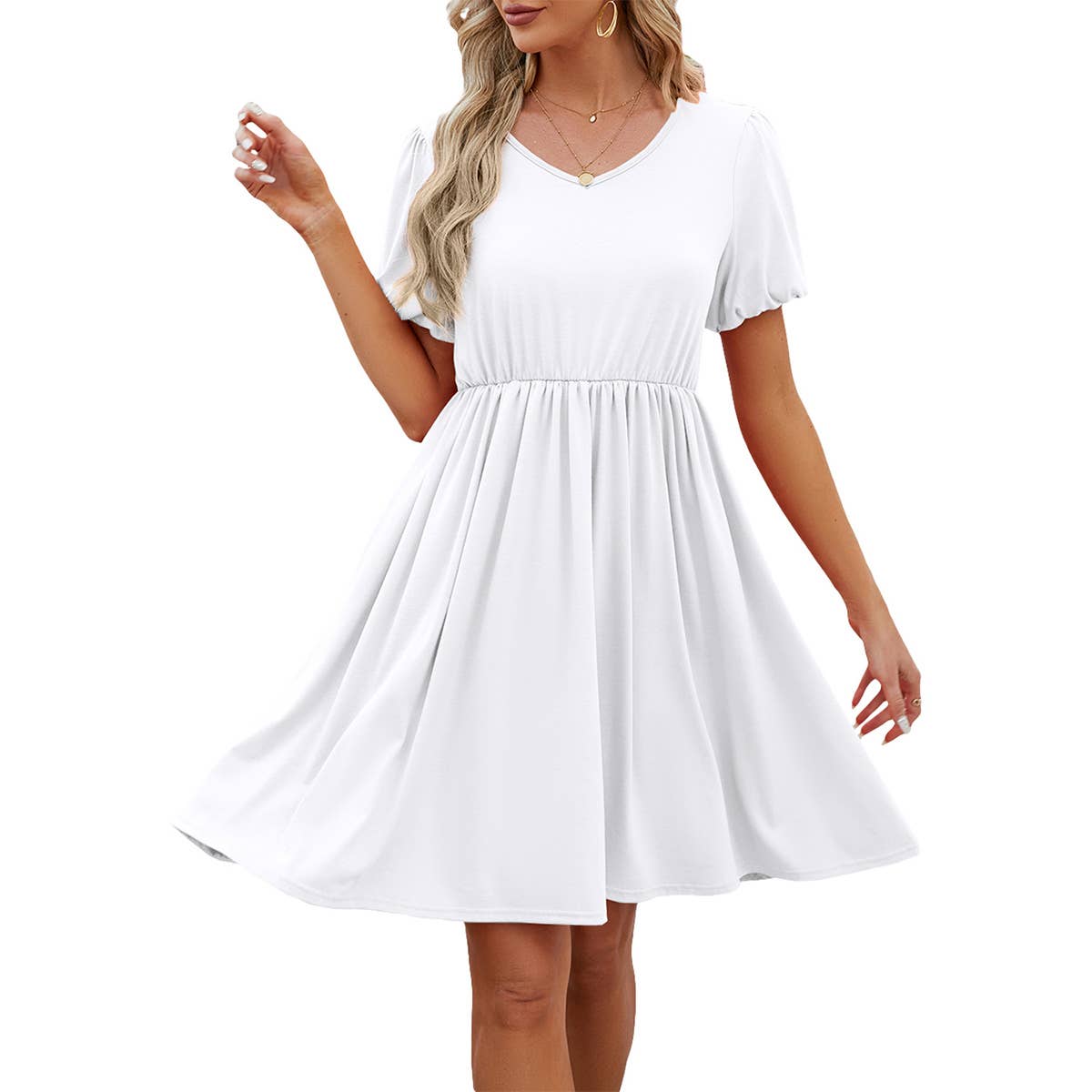 V-NECK PUFFY SLEEVE PLEATED SKIRT DRESS