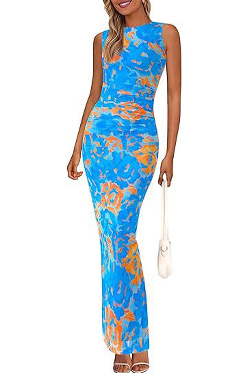 CWDMD6368_PLEATED FLORAL BODYCON SLEEVELESS MESH DRESS