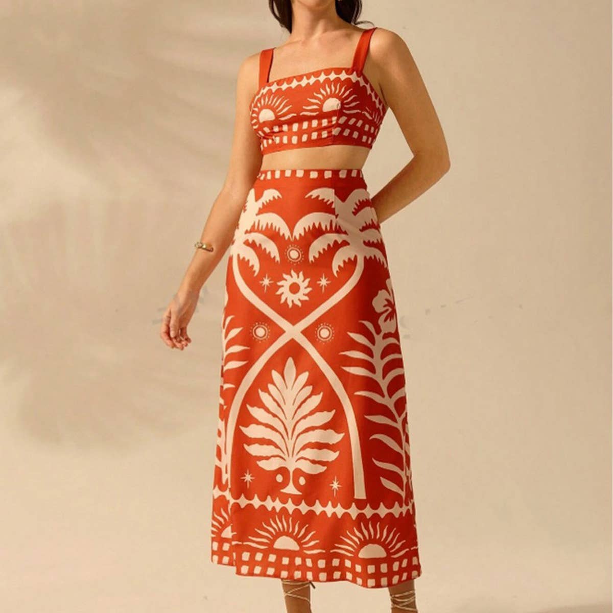 Printed short halter top fitted ultra maxi suit