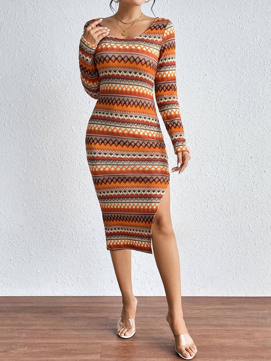 Elegant long,colorful striped long-sleeved dress