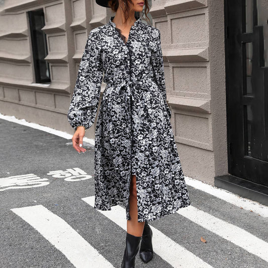 LONG-SLEEVED PRINTED STAND COLLAR DRESS