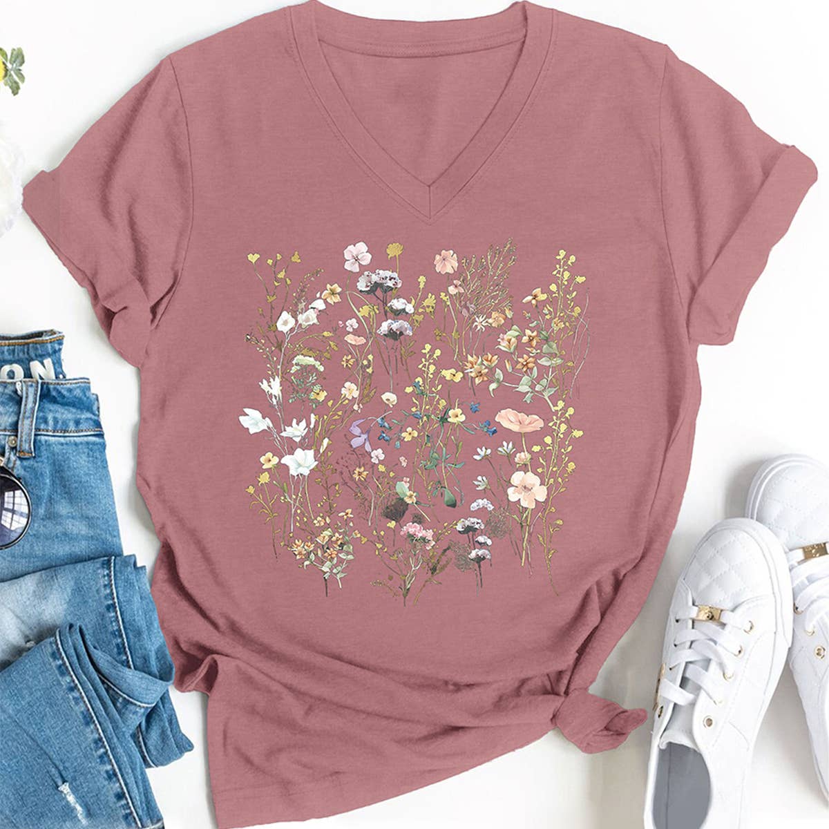 Floral V-Neck Graphic Tee for Women, Loose Fit
