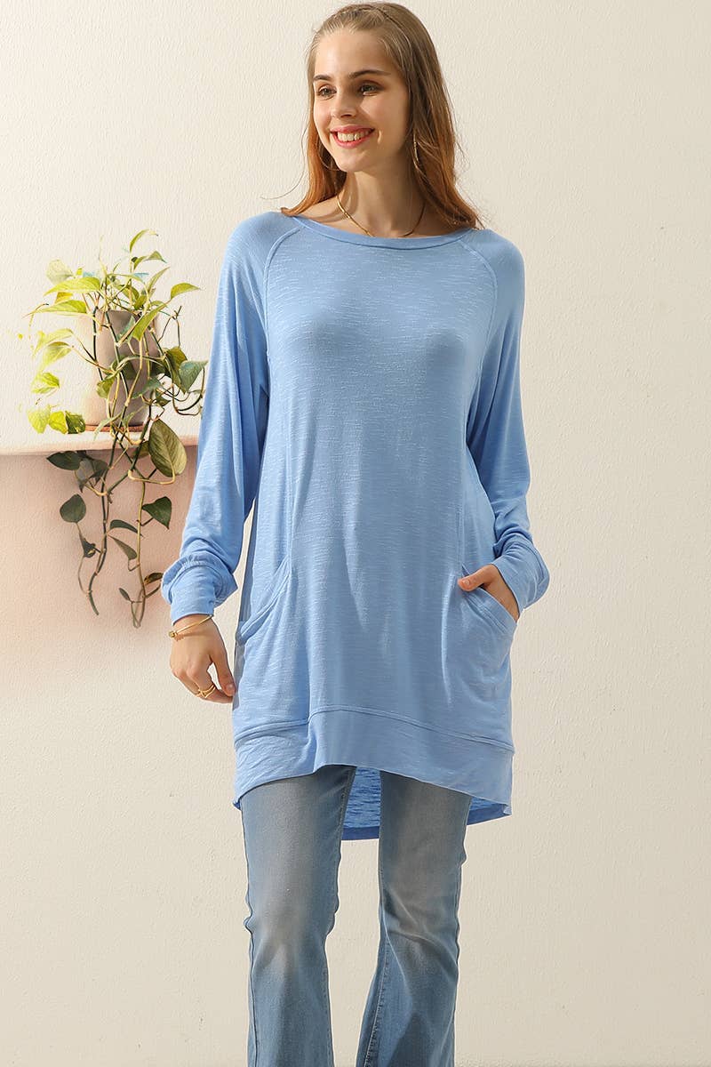 Cwttl1491_R Neck Long Sleeve Slub Long Knit Top With Pockets