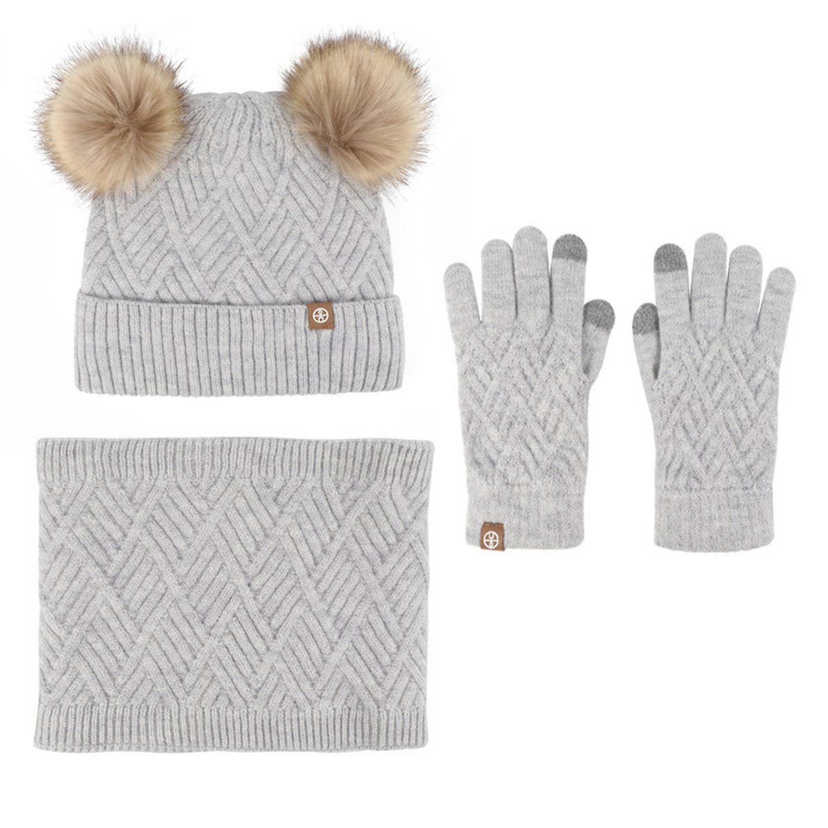 THREE-PIECE SET OF POM-POM HAT, SCARF AND GLOVES