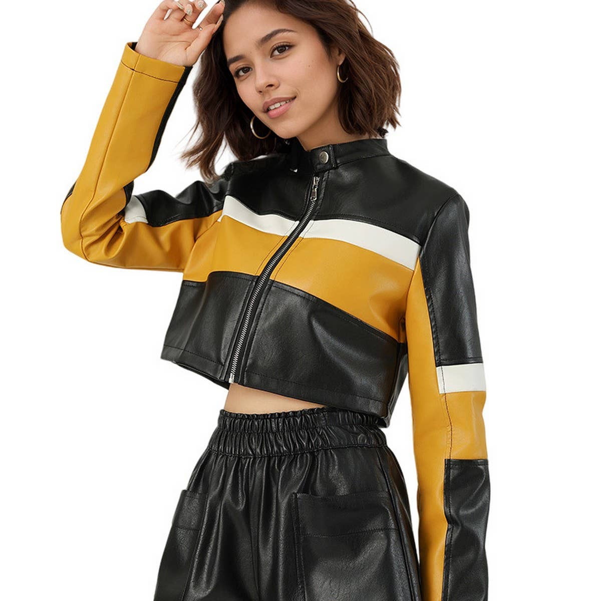 Colorblock PU Biker Jacket?Sexy Slim Stand Collar