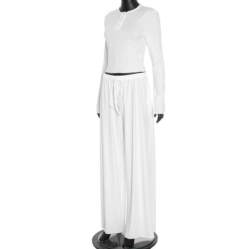 Round-neck solid crop top wide-leg pants set