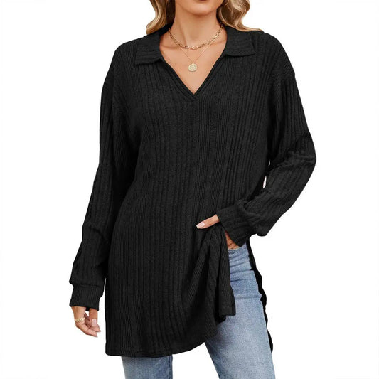 Lapel slit long sleeve loose long T-shirt