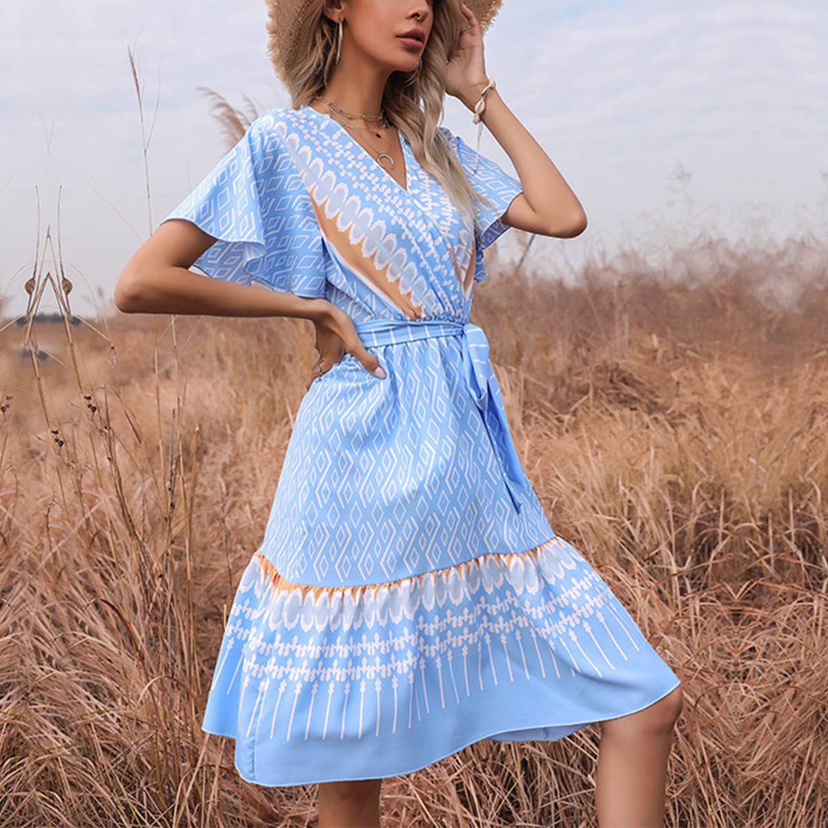 LACE-UP PRINT V-NECK PLEATED DRESS