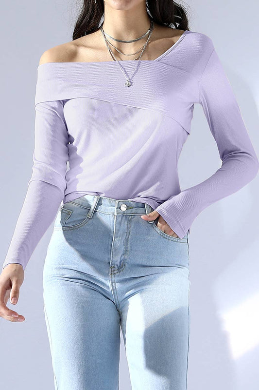 Cwttl1103_Long Sleeve One Shoulder 2 Layer T Shirt Top