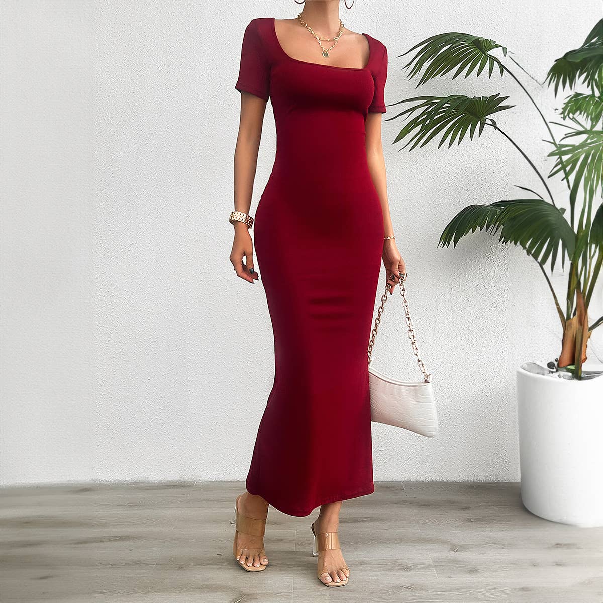 Solid color slim fit square neck bodycon dress