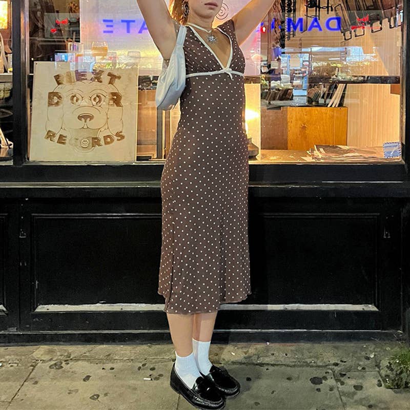 Polka dot print short-sleeved mid-length dress