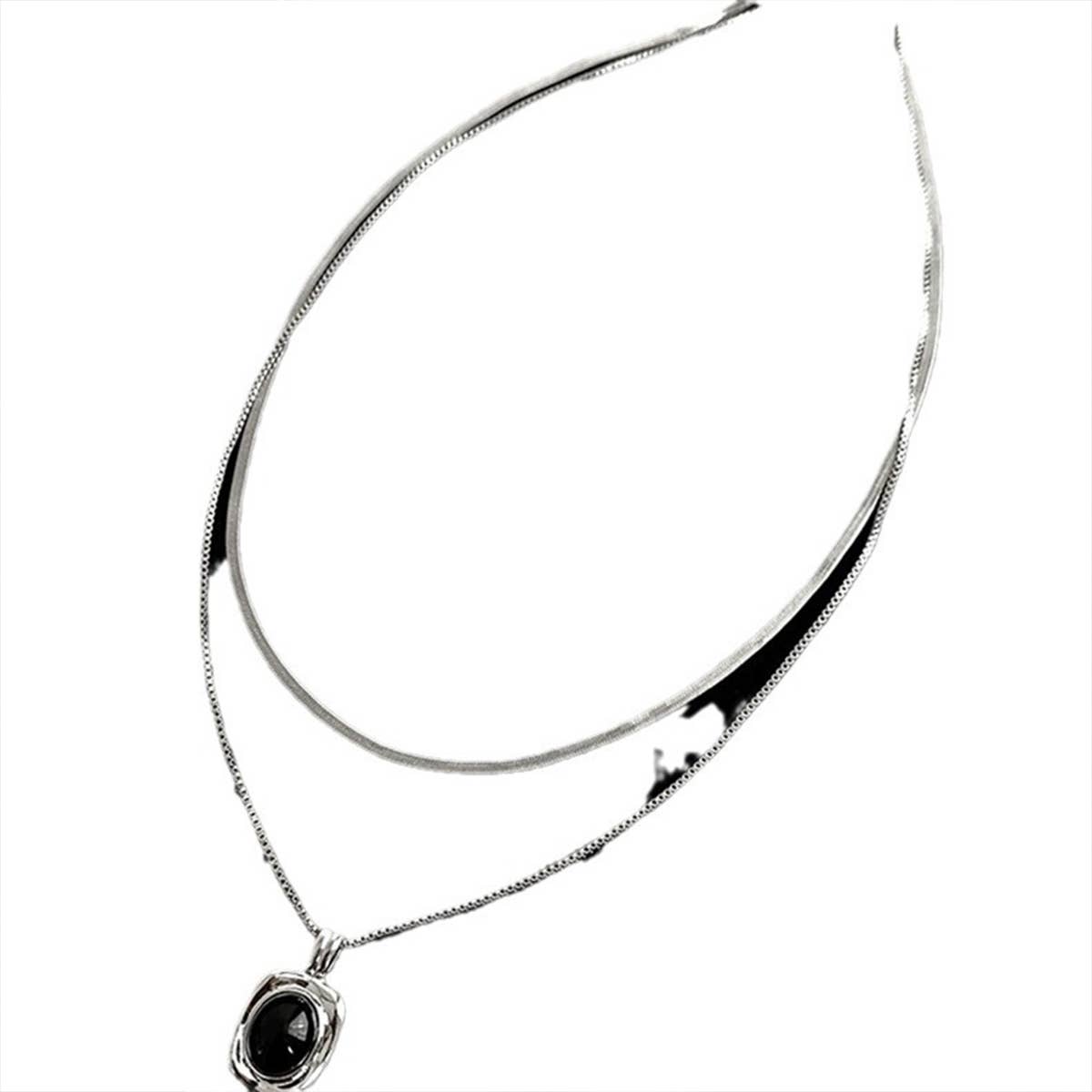 SQUARE OVAL PENDANT DOUBLE LAYER FASHION NECKLACE_CWAJE2373