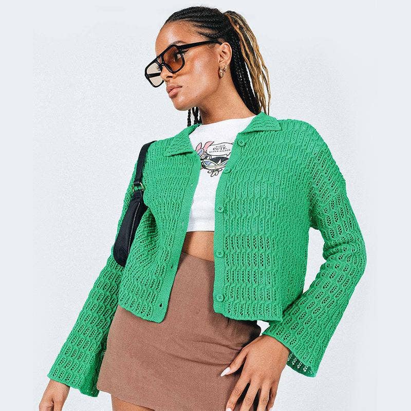 LAPEL SOLID COLOR BUTTON LONG SLEEVE CARDIGAN