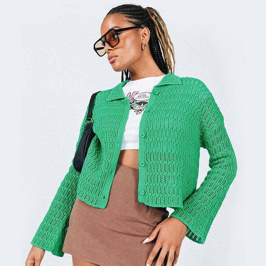 LAPEL SOLID COLOR BUTTON LONG SLEEVE CARDIGAN