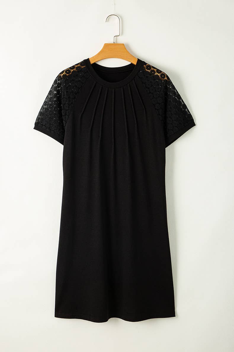 Solid-color hollowed-out lace round-neck dress