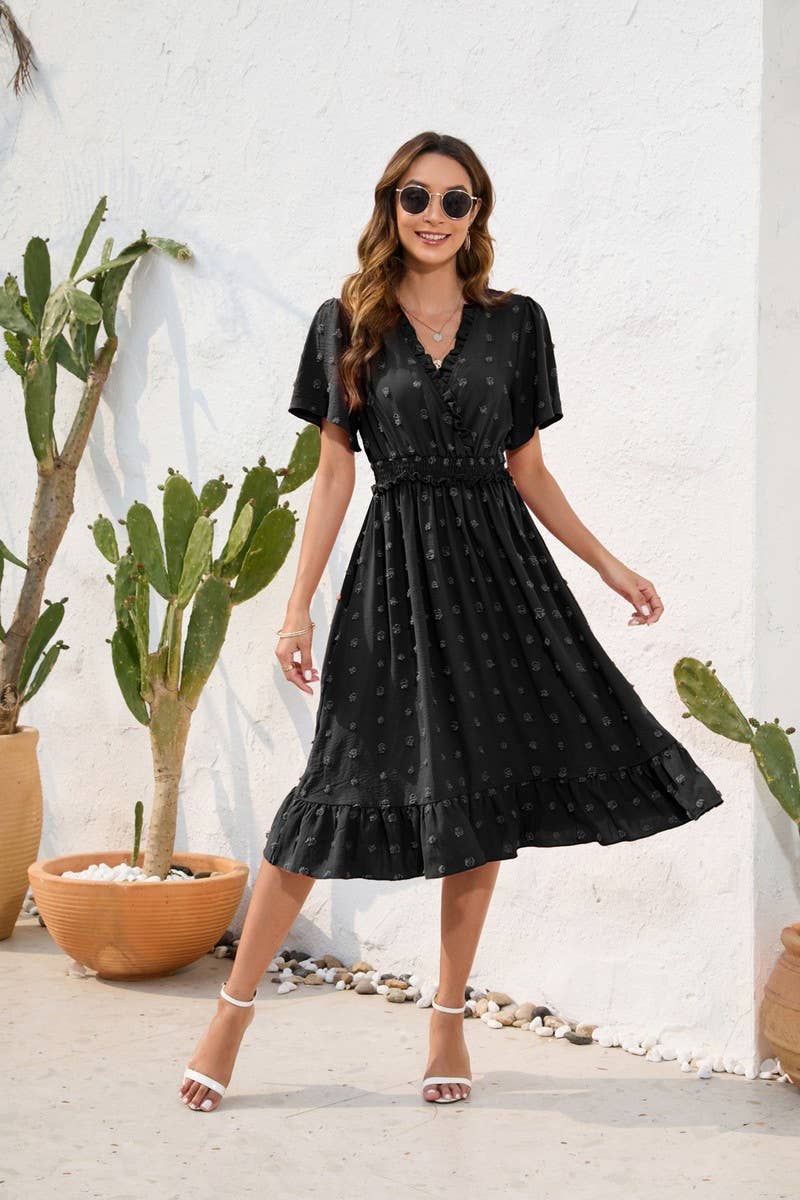 CWDMD2141_V-NECK HIGH-WAISTED LACE-UP DRESS