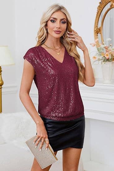 Solid color top rotator cuff sequined V-neck