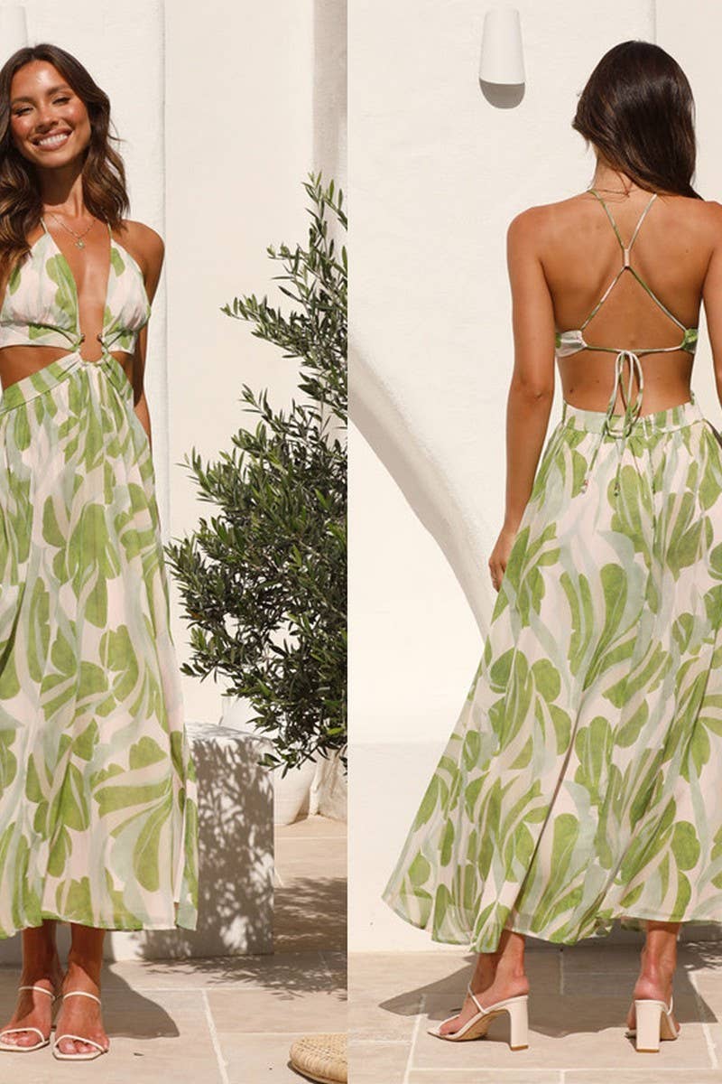 CWDMD5681_V-NECK HALTER BACK TIE PRINT LONG DRESS