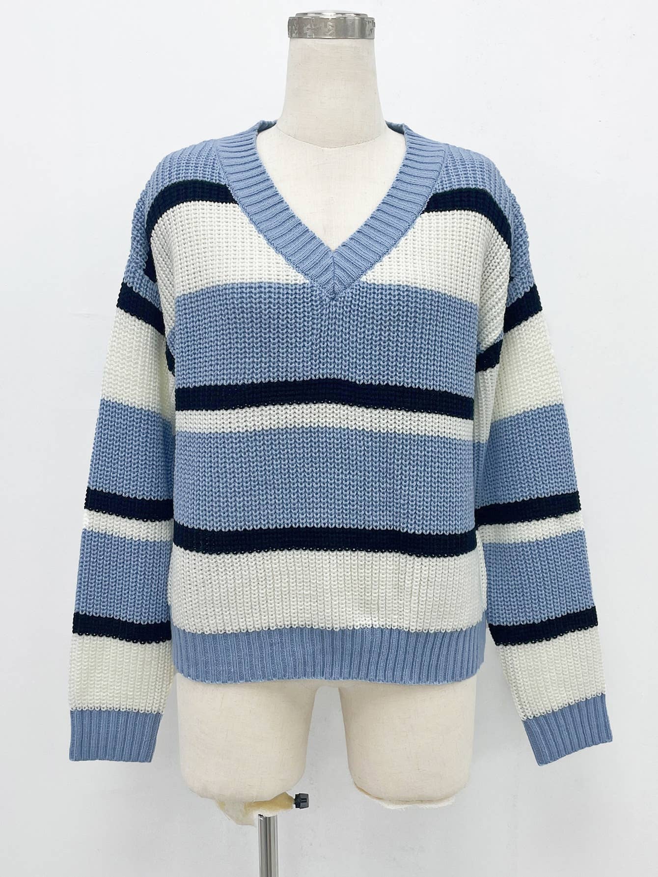 Striped V-neck loose knitted pullover sweater
