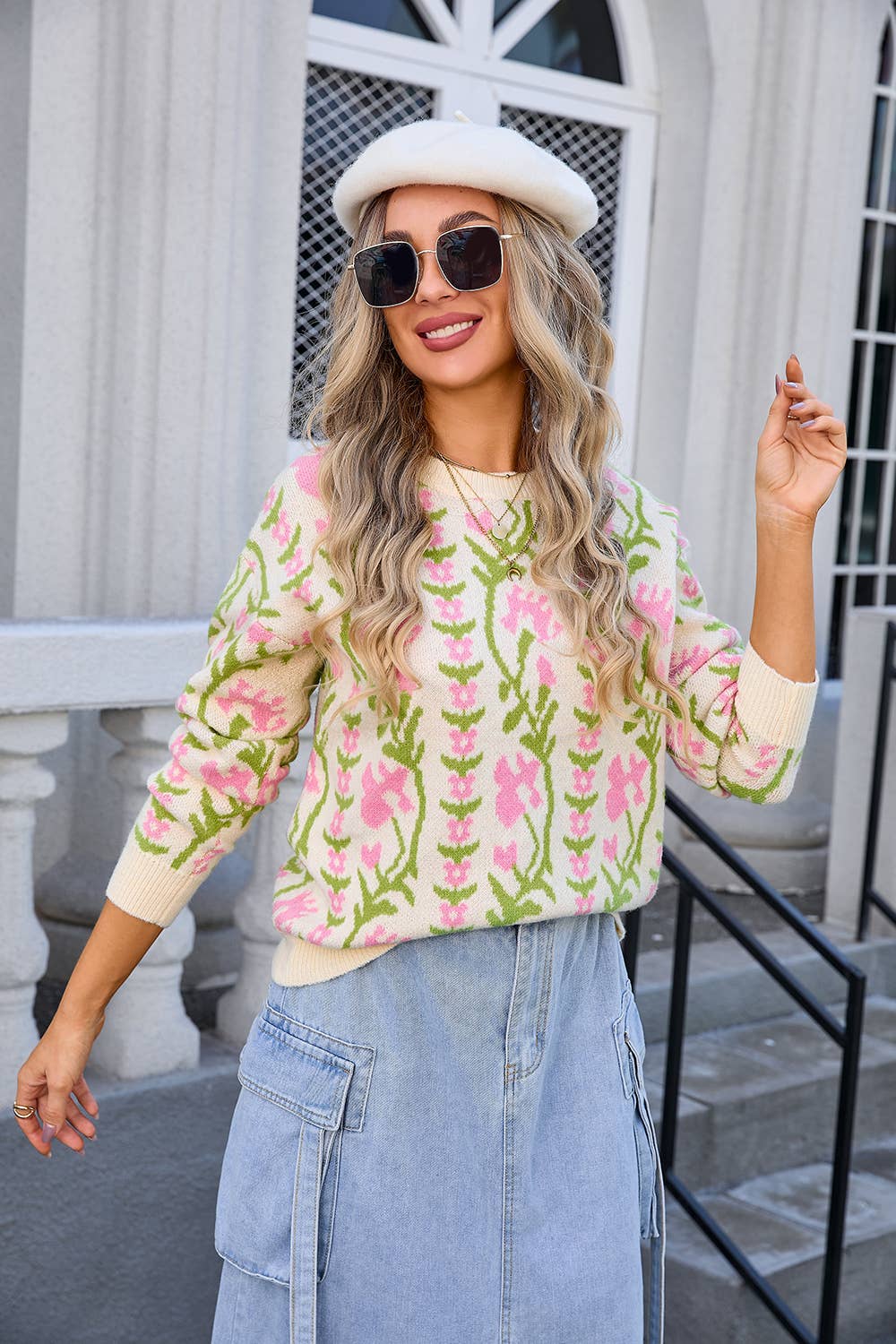 JACQUARD ROUND NECK FLOWER KNIT FASHION SWEATER